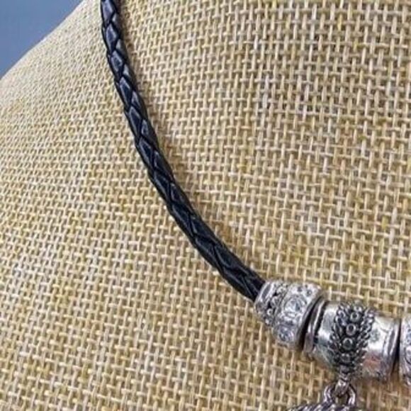NAPIER Black Leather Cord & Silver Tone "C" Charm Necklace 16"L - Picture 3 of 5